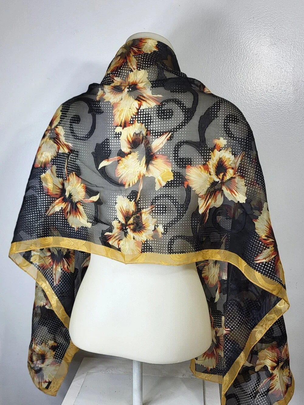 Mosi Silk Touch Black Floral Sheer Scarf with Yellow Accents 64